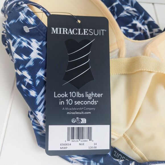 Miraclesuit Surpice Warp Soft Cup Swimsuit Women's 14 Blue Shirred Sides NEW! - Picture 4 of 7